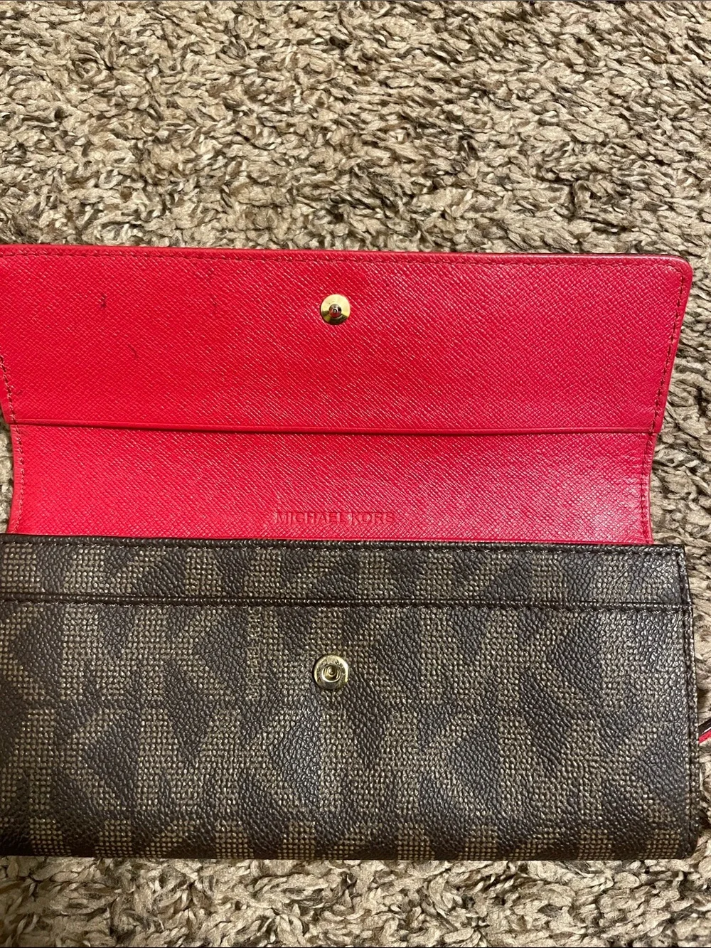 Michael Kors Brown MK Logo Continental Wallet with Red Trim